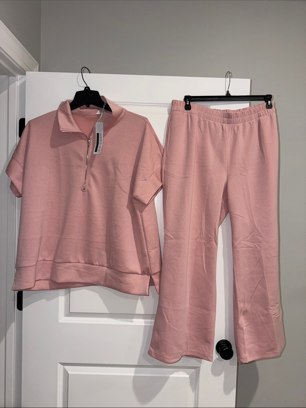 Women's Pink Lounge Set - Short Sleeve Zip Top & Wide-Leg Pants